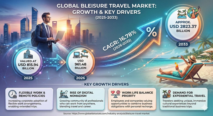 Bleisure Travel Market Size to Hit USD 2823.37 Billion by 2033
