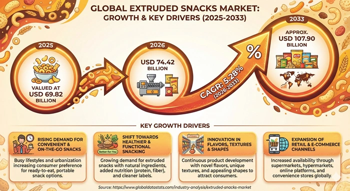 Extruded Snacks Market Size to Hit USD 107.90 Billion by 2033 Extruded Snacks Market Size to Hit USD 107.90 Billion by 2033