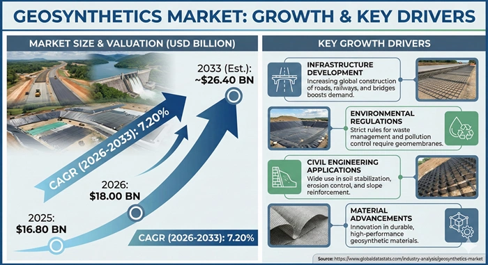 Geosynthetics Market Size to Hit USD 26.40 Billion by 2033 Geosynthetics Market Size to Hit USD 26.40 Billion by 2033